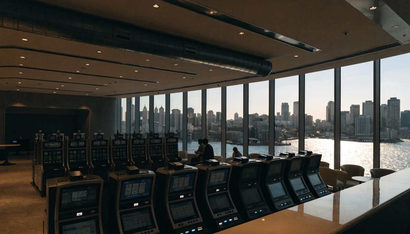 Australian casino interior with harbor view at dusk