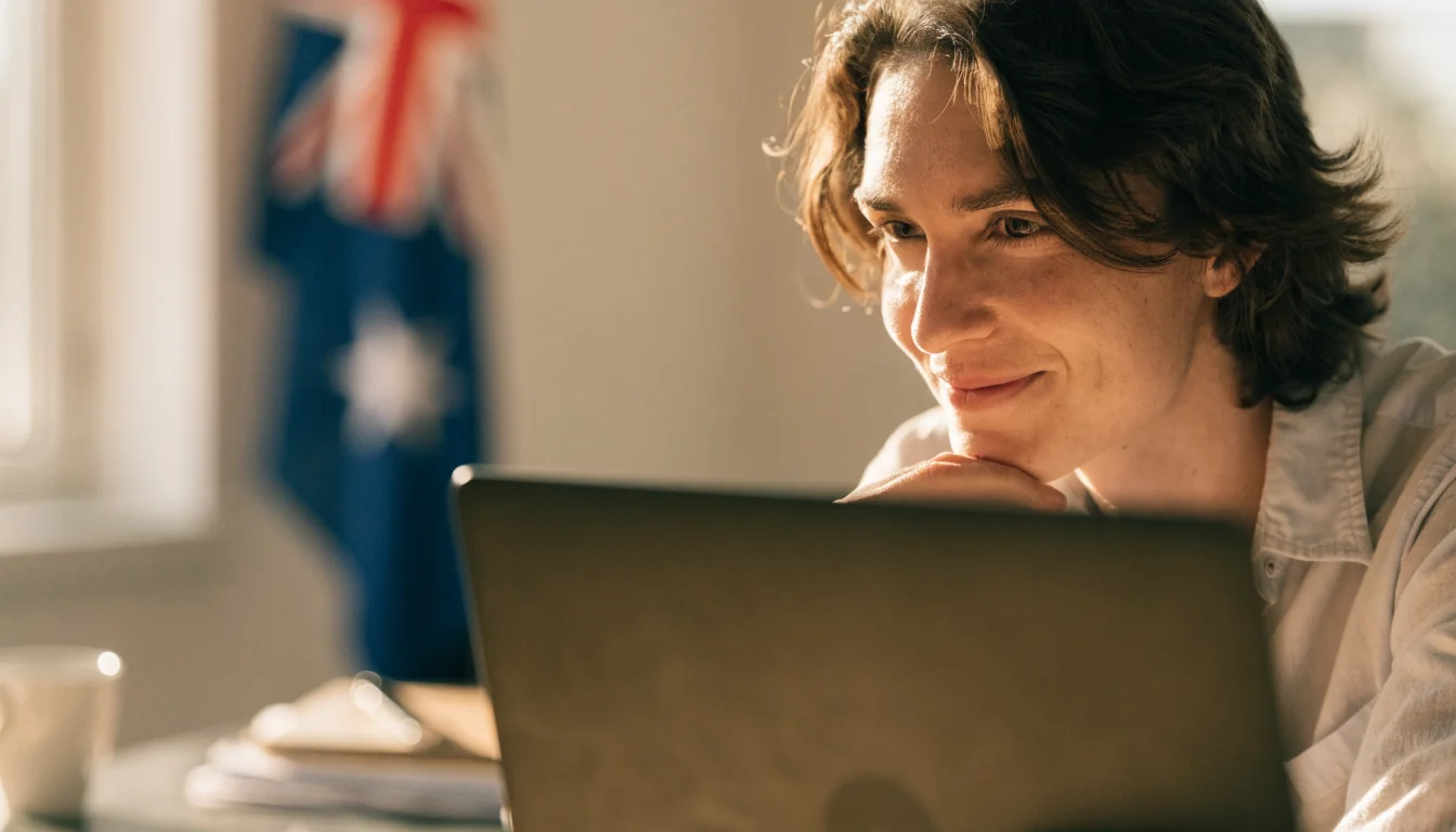 Australian support representative at desk with laptop
