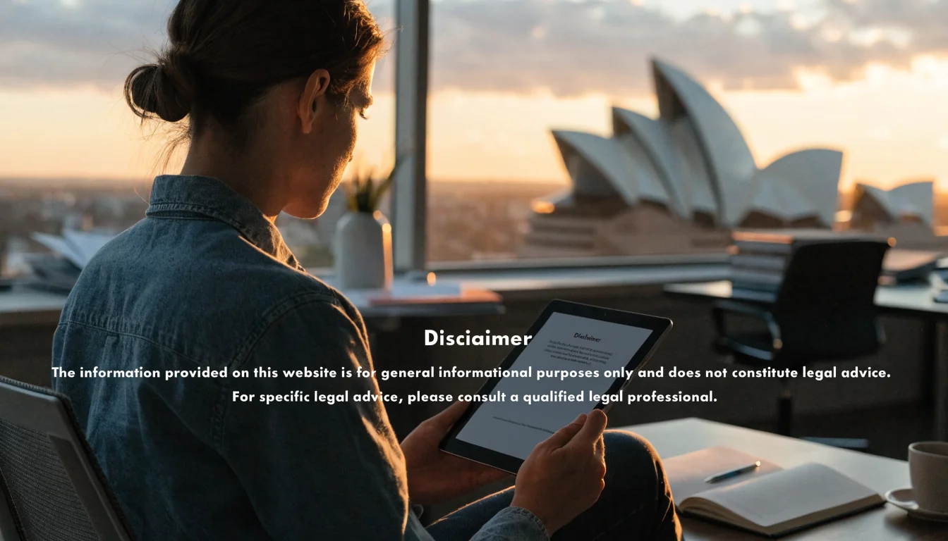 Australian office scene with sunset and disclaimer tablet