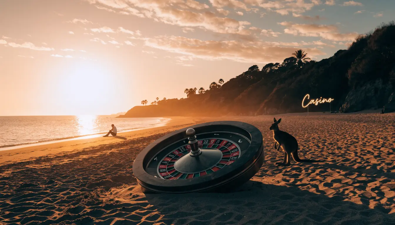 Australian beach at sunset with roulette wheel and neon casino sign