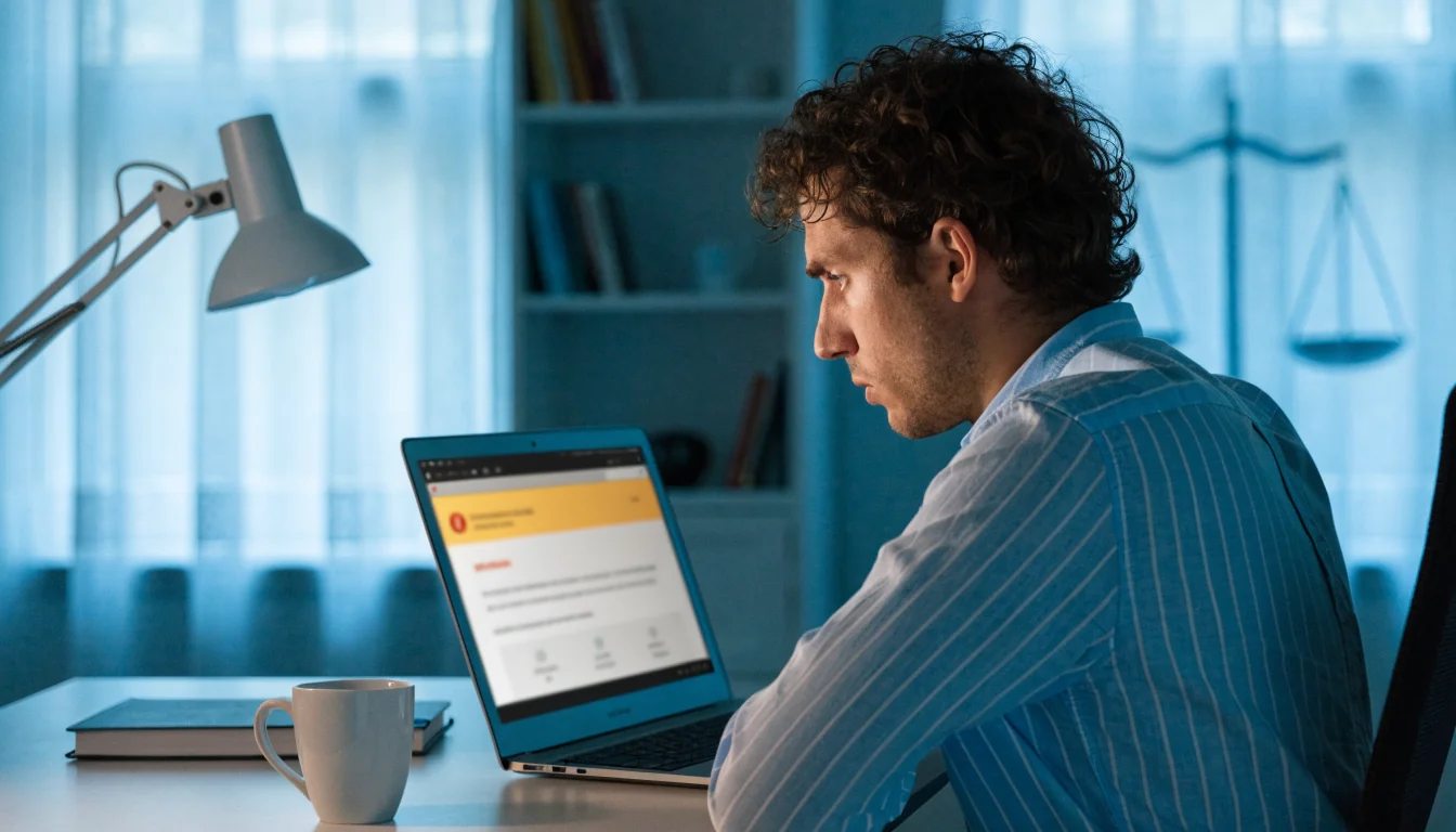 Person at laptop viewing vague casino bonus, unbalanced scales shadow