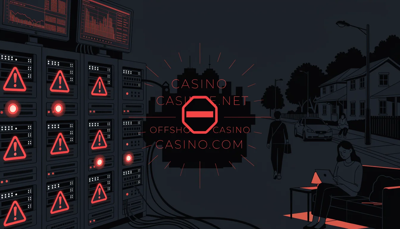 Server rack with red warnings blocking offshore casino icons