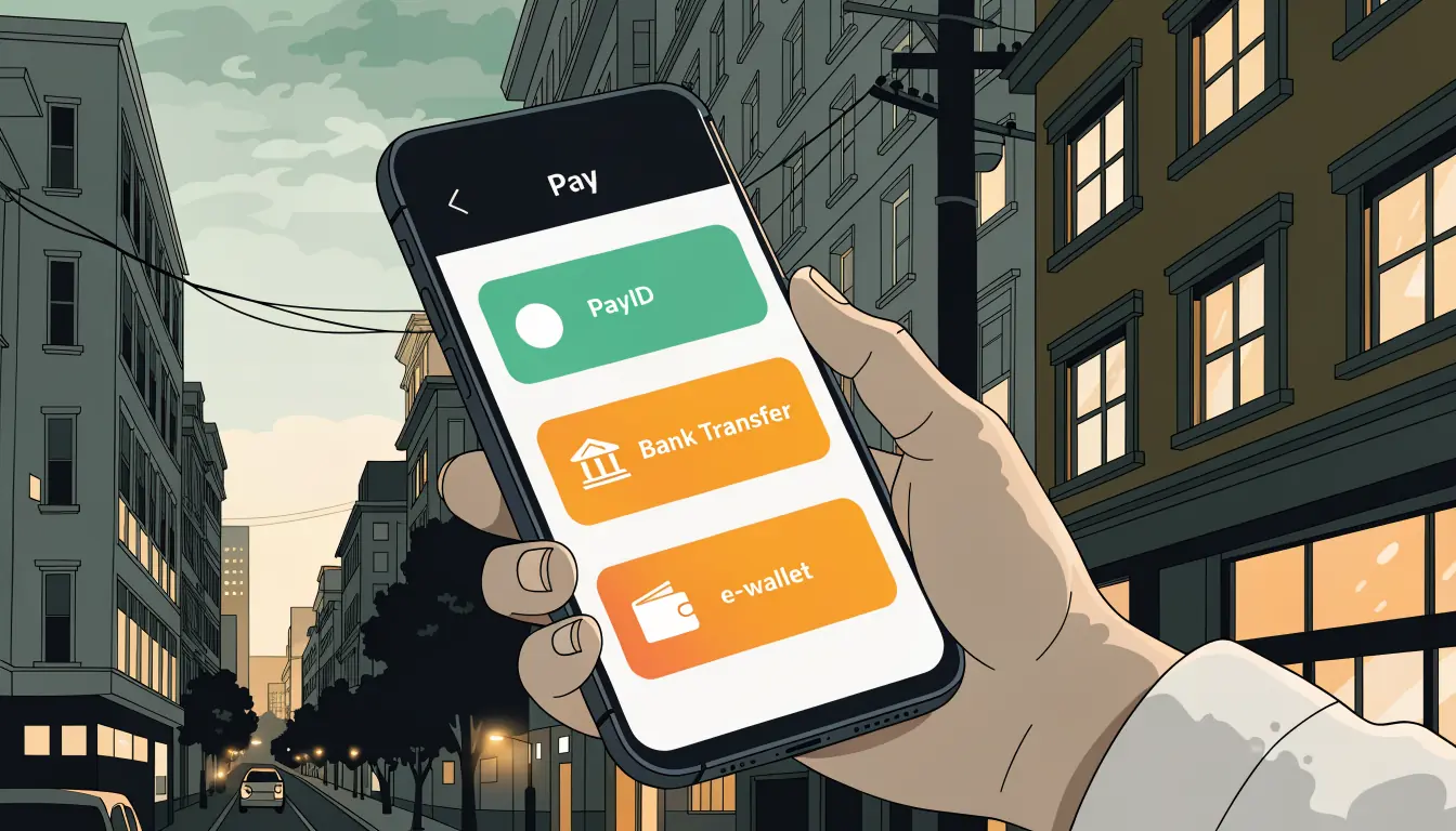 Hand with smartphone showing generic payment methods over Australian cityscape