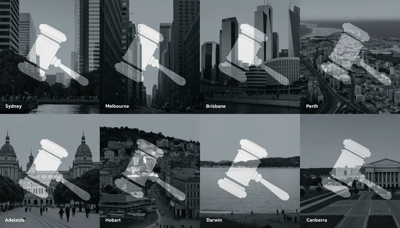 Australian city landmarks with legal gavel overlay