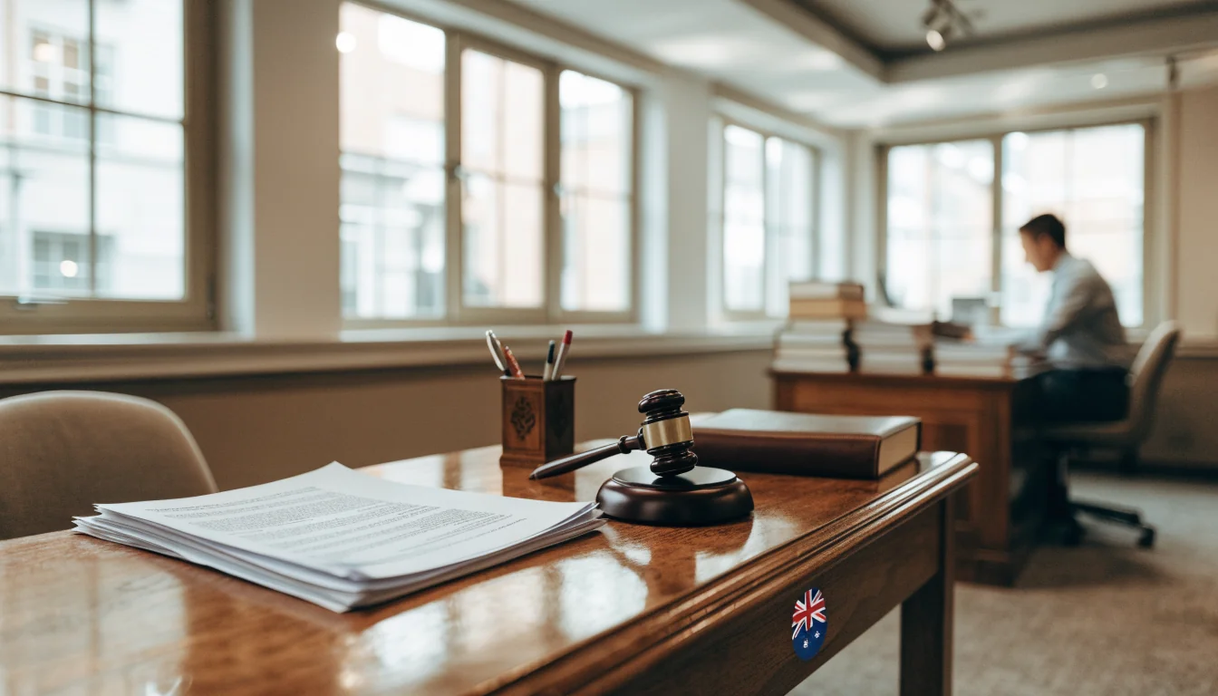 Australian law office with documents, gavel, and flag pin