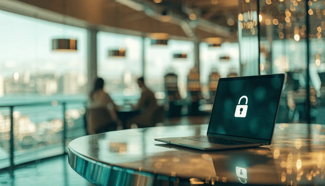 Laptop with lock icon in Australian casino interior, Sydney backdrop