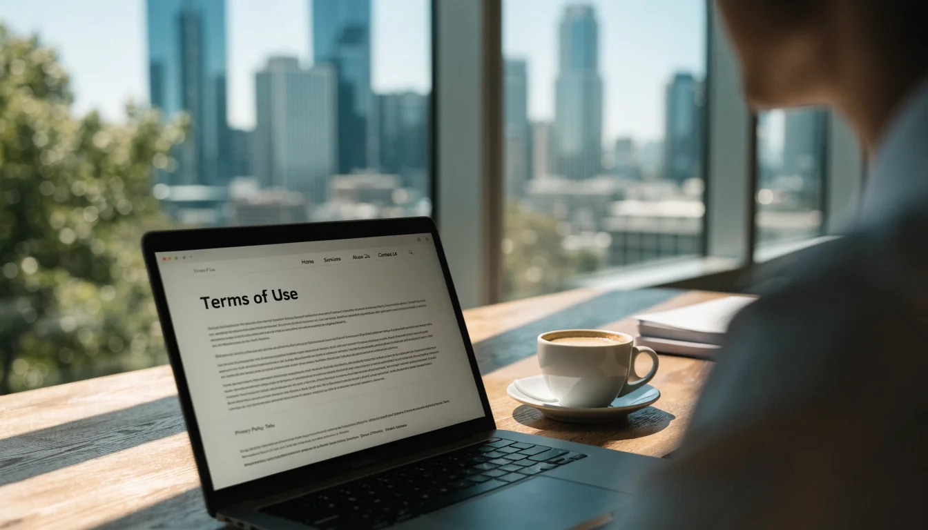 Australian office desk with laptop showing terms page and coffee cup